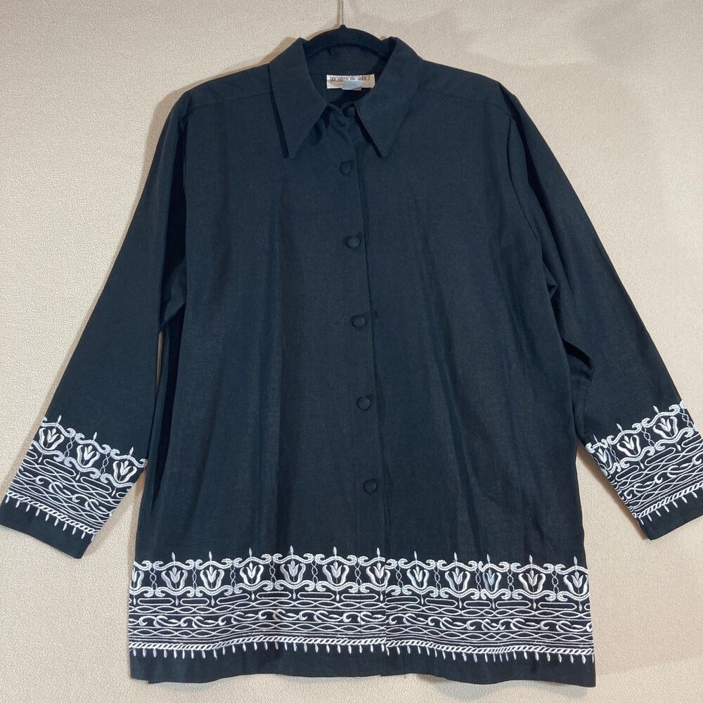 Vtg Brownstone Studio Linen Lagenlook Artsy Unique Button Up Top Sz 16W Black